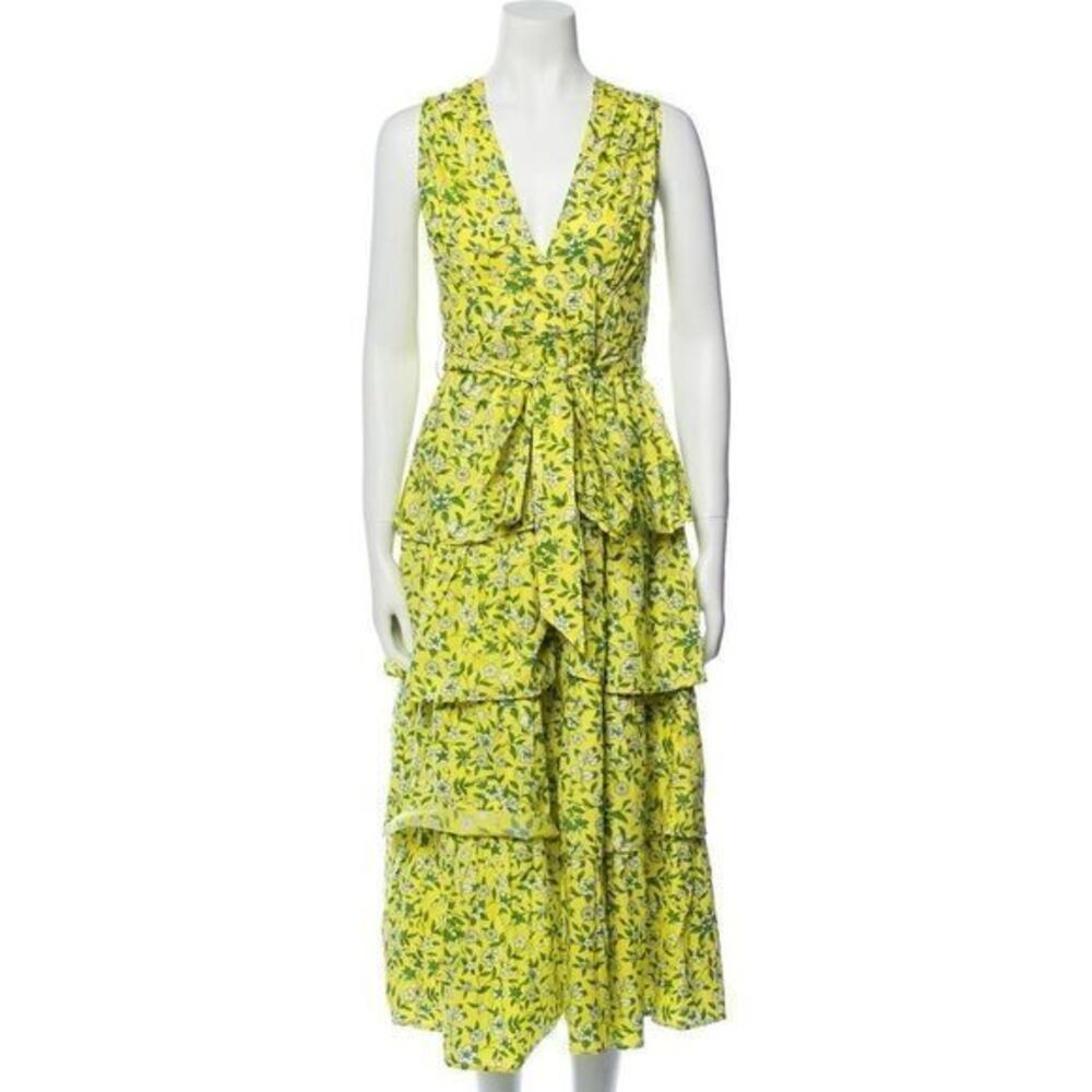 BANJANAN Floral Yellow Ruffle Midi Dress NWT